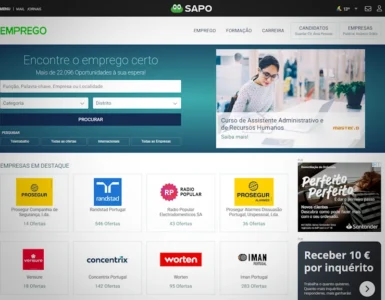 Interface do Emprego SAPO com ofertas de emprego em Portugal