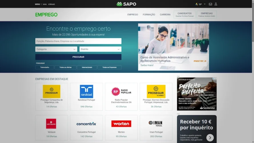 Interface do Emprego SAPO com ofertas de emprego em Portugal